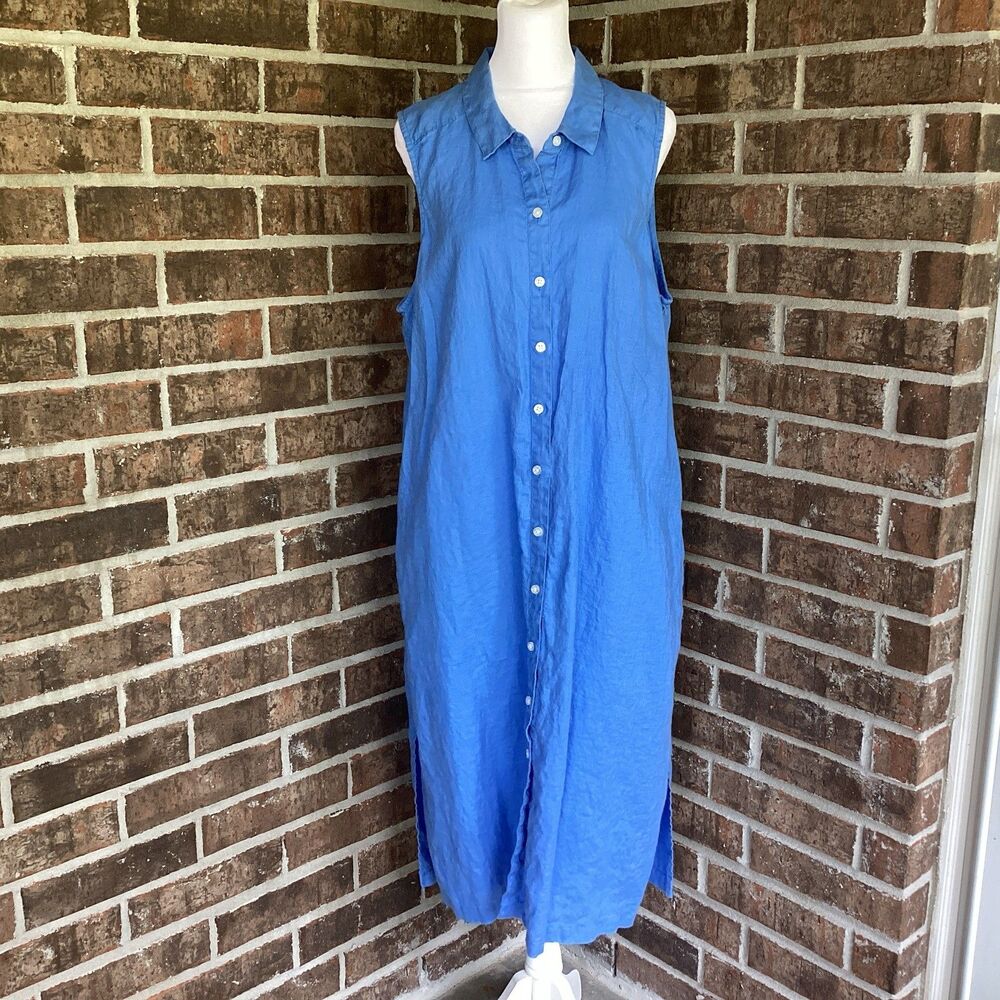 Tommy Bahama Women's Blue Two Palms Linen Shirt Dress Sleeveless Size XL Pockets - Picture 2 of 13